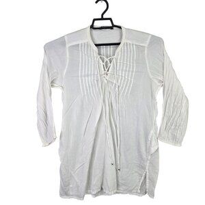 Womens Lauren Ralph Lauren White Tunic Blouse Lace-Up Front 3/4 Sleeves Cotton L